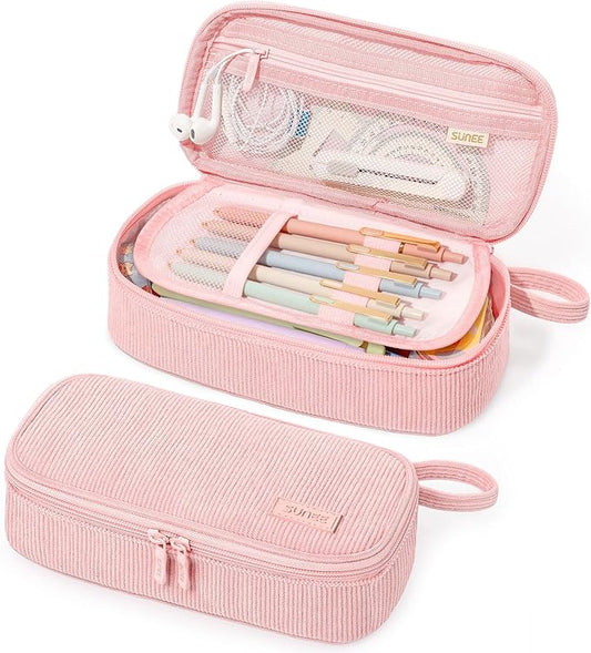 SUNEE Cute Pencil Case, Large Capacity Pencil Pouch Aesthetic Zipper Pencil Bag, Big Storage Pen Organizer for Stationery, Soft Corduroy Pencil Box Back to School Supplies for Teen Girls Boys, Pink
