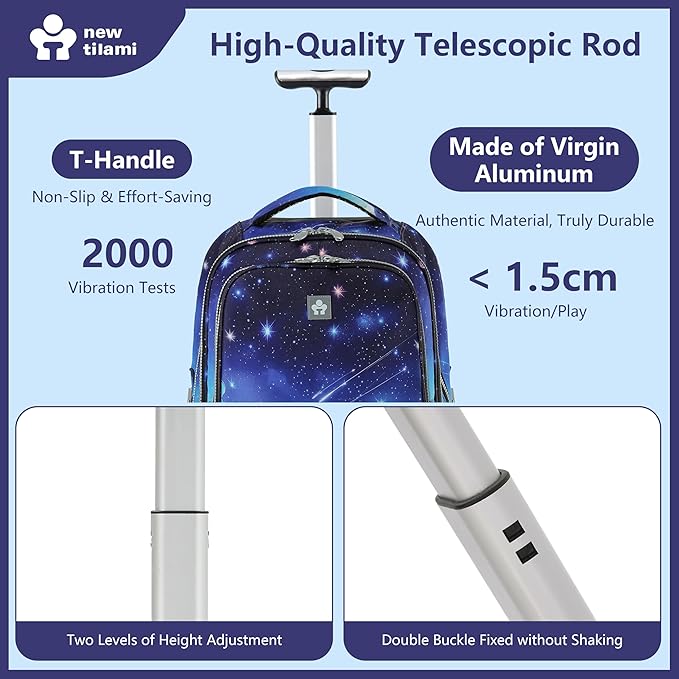 NEW TILAMI 20" Rolling Backpack for Teens Adults, Climbing Stairs Waterproof Backpack with Wheels for School Business Trave Camping with Laptop Compartment, Fit 17 Inch Laptop, Spacey Blue