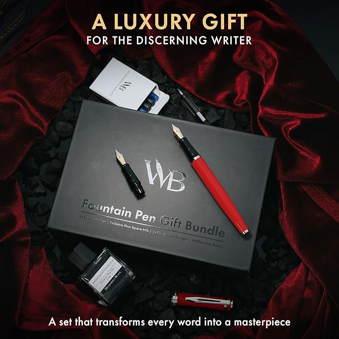 Wordsworth & Black Fountain Pen Set,18K Gilded Medium and Extra Fine Nib,25ML Black Ink Bottle,6 Ink Cartridges,Refill Converter, Gift Box, Smooth Writing Pens [Red Chrome],Gift Set for Men and Women