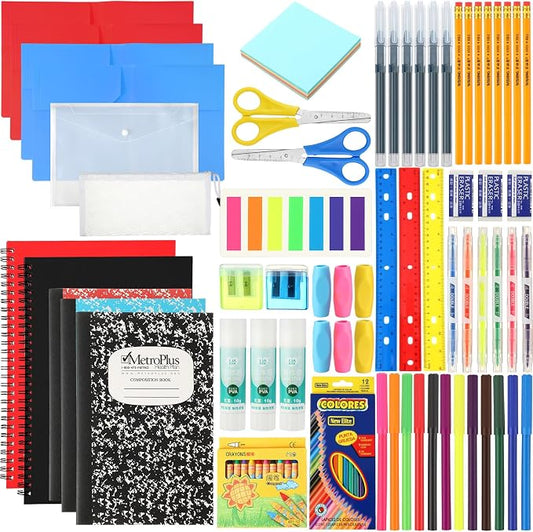 Gilprop 1 Set School Supply Kit 88 Pcs Back to School Supplies for Students Essential Bundle Kit Include Pencil Notebook Ruler Glue Scissor Sticky Note Eraser Pencil Sharpener