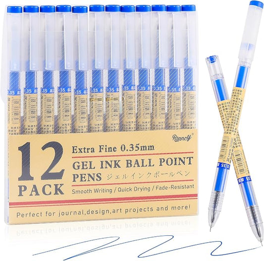 RIANCY 12 Pack Blue Gel Ink Pens, 0.35mm Extra Fine Point Tip, Japanese Style Stationery Quick Dry No Smear No Bleed, Smooth Writing Pens Ballpoint for Journaling Note Taking Office School Supplies