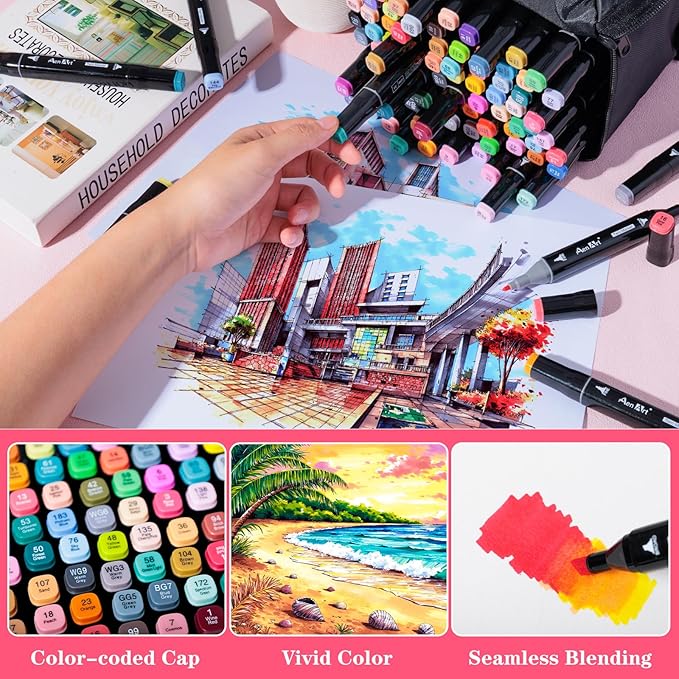 Alcohol Markers Set, 80 Color Dual Tip Art Drawing Markers, Artist Pens with Organizing Case for Adult Drawing Coloring Sketching