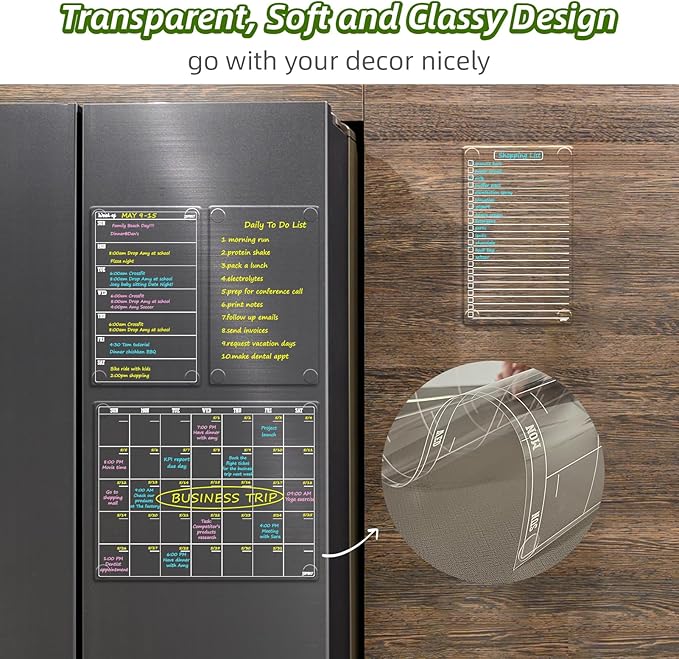 JJPRO Non-Magnetic Dry Erase Monthly Calendar for Fridge-Clear Monthly Calendar, Weekly Planner, List and Blank Board. Clear Reusable Calendar Stick to Fridge,Cabinet,Door&Glass