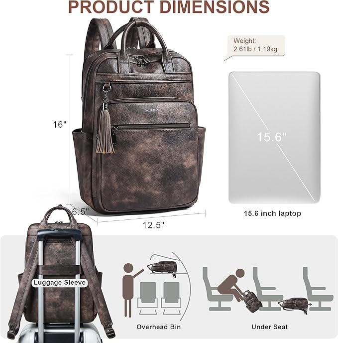 Shrrie Laptop Backpack for Women 15.6 inch Travel Leather Backpack Purse Work Computer Backpacks for Business College Coffee