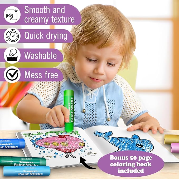 EXTRIC Tempera Paint Sticks for Kids – 24 Twist Crayons in  Vibrant Colors 12 Classic, 6 Metallic, 6 Neon | Mess Free, Quick Dry, Washable Solid Paint  kids + Bonus 50 Page Coloring Book
