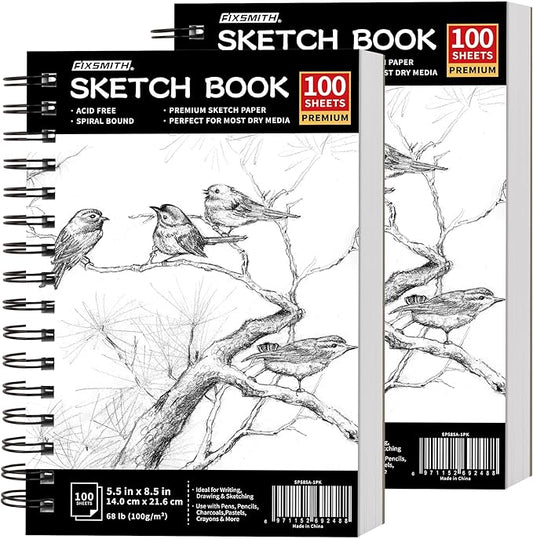 FIXSMITH 5.5"X8.5" Sketch Book | 200 Sheets (68 lb/100gsm) Sketchbook | 2 Pack | Acid Free Drawing Paper | Spiral Bound Artist Sketch Pad | for Kids,Beginners,Artists & Professionals