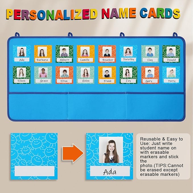 Attendance Pocket Chart for Preschool Classroom Large Wall Organization, Blue Felt Board Pocket Charts for Teachers, Kindergarten Kids Daycare Teaching Supplies, 74 Cards with 78 Magic Hooks