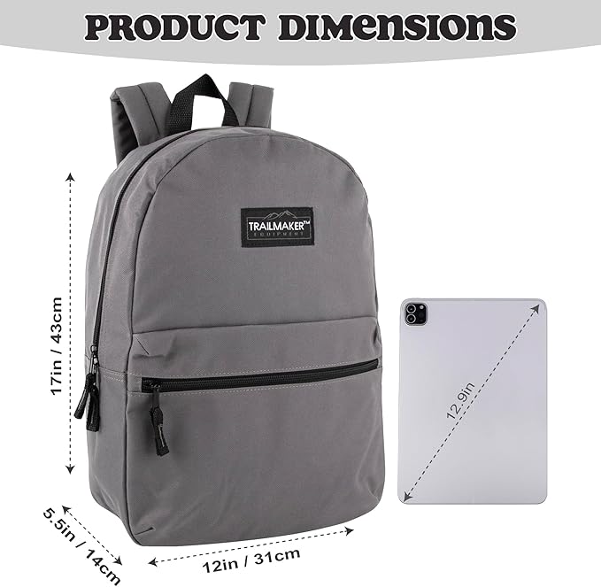 Trail maker Classic 17 inch Backpacks with Adjustable Padded Straps | School Backpacks for Girls, Boys (Grey)