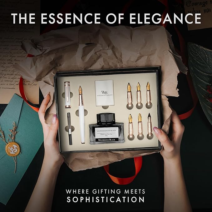 Wordsworth & Black Calligraphy Pen Gift Set, Includes Ink Bottle, 6 Ink Cartridges, A Refill Converter, 6 Replacement Nibs, Journaling, Smooth Writing Pens [White Rose Gold]
