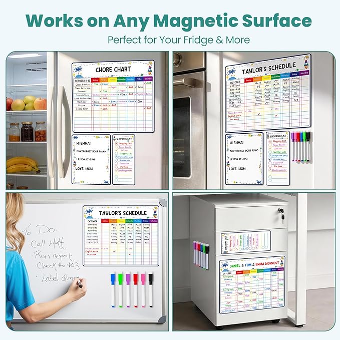 Magnetic Dry Erase Family Chore Chart for Kids and Adults, 3-Pack Weekly Planner, to-Do List & Memo Board, Stay Organized with Strong Magnet Chore Board & 6 Fine Tip Markers