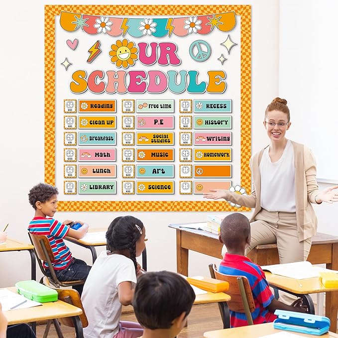 Groovy Daily Schedule Bulletin Board Scheduling Classroom Bulletin Board Decorations Daily School Schedule Paper Cutouts Classroom Must Haves for Class Office Home Chalkboard Wall Door Supplies