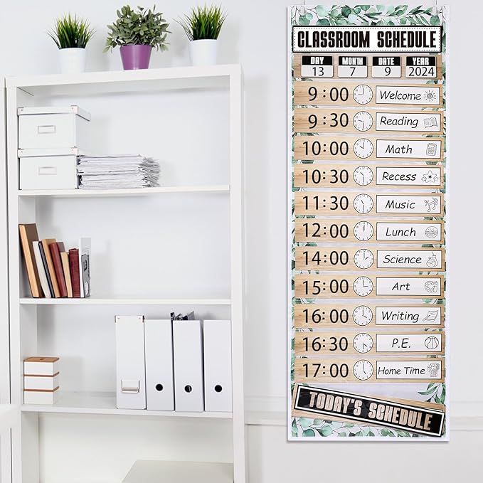 MotiMind Daily Schedule Pocket Chart for Classroom, Calendar Pocket Chart 13+1 Pockets, 21 Reusable Cards for Classroom School 13" x 36" (Rustic Color,Farmhouse)