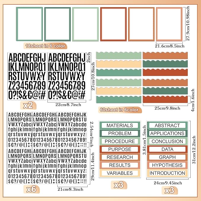 Sinload 92 Pcs Science Fair Board Supplies 60 Trim Scalloped Poster Boards 18 Presentation Subtitles 6 Project Titles 8 Letter Sticker for Classroom Display Boards(Boho Color,Wave)