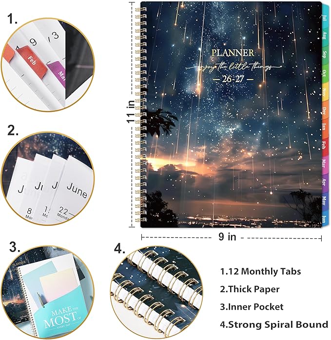 Planner 2026-2027 - Planner Weekly and Monthly 2026-2027, Academic Planner 26-27, July 2026 - June 2027, 8.5" x 11", 26-27 Calendar Planner with Colourful Tabs, Inner Pocket, Premium Paper, Twin-wire Binding - Galaxy