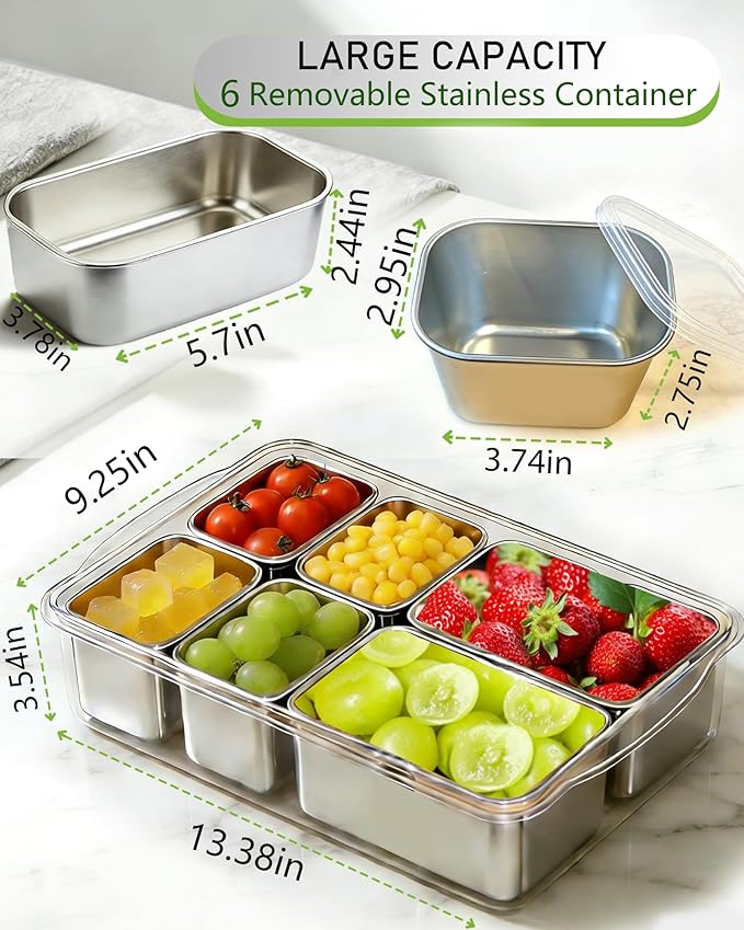 Snackle Box Container, 6-Compartment Stainless Steel Snack Box, Dishwasher Safety Snack Tray with Lid and Handle, Large Divided Serving Tray for Travel, Picnic, Beach, Pool and Parties