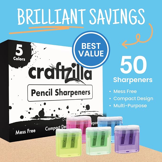 Craftzilla 50 Pack Bulk Pencil Sharpeners, Dual-Hole Manual Sharpener for Standard & Jumbo Pencils, Back to School Supplies for Classrooms & Offices with Lid, 5 Assorted Colors