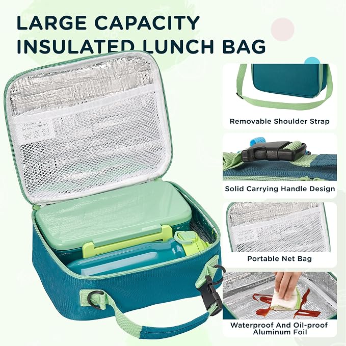 MAISON HUIS Bento Box for Kids with 8oz Soup Thermo, Insulated Lunch Bag & 17oz Water Bottle, 2-Compartment Bento Box with Built-In Ice Pack, Leak-Proof & BPA-Free (Green)