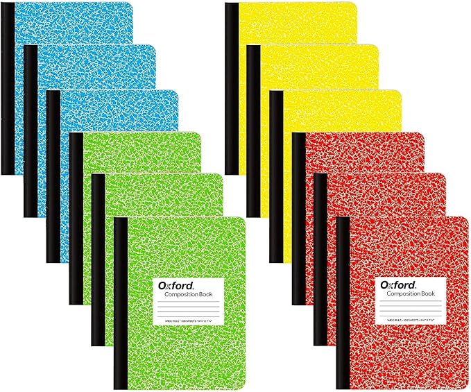 Oxford Composition Notebooks - Assorted Colored Marble Cover Wide Ruled Notebook - 9-3/4" X 7-1/2", Pack of 12 (100 sheets)