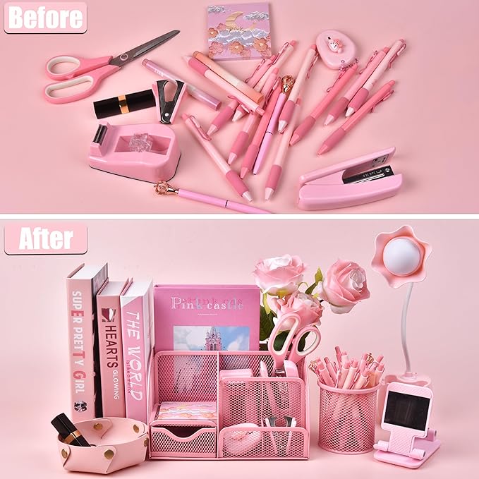 Pink Desk Accessories, 24Pcs Pink Office Supplies and Desk Organizers, with Tape Dispenser, Stapler, Staple Remover, Ect, Gift Box Packaging