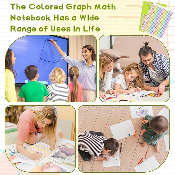 2 Pack 8.5×11 Colored Graph Paper Pad Math Notebook Graph Paper 1/2 Inch Squares Large Quad Ruled Grid Composition Book Colored Grid Notebook Exercise 30 Sheets for Kids Dyslexia Dysgraphia School