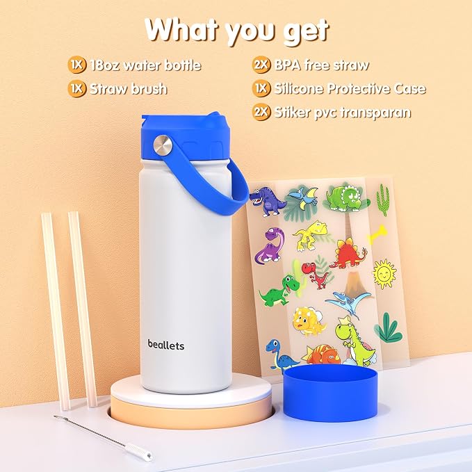 18oz Kids Insulated Water Bottle, Straw Cup | DIY Stickers, BPA-Free, 316 Stainless Steel, Silicone Boot, Keeps Cold 24h, Leak-proof, School, Sports