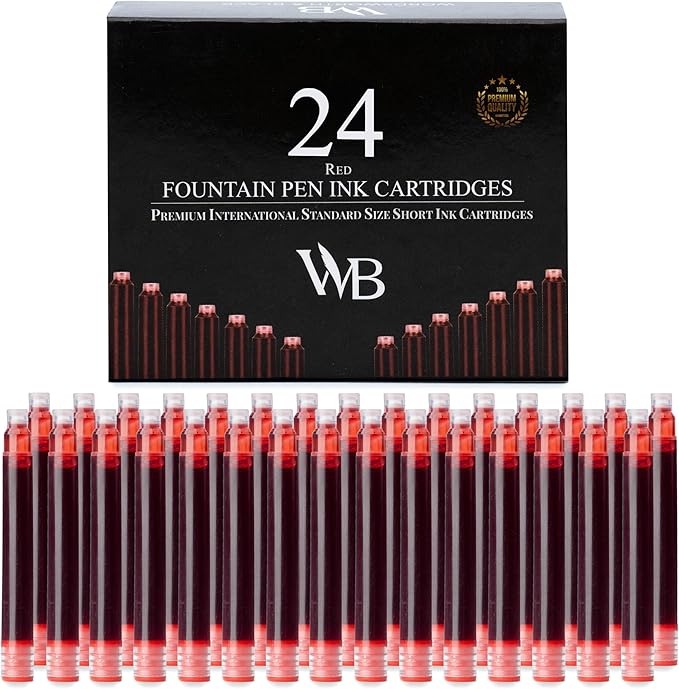 Wordsworth & Black 24 Pack Fountain Pen Ink Refills - Set of 24 Red Ink Cartridges - International Standard Size - Length APPR 2.3" - Base Diameter APPR 0.24" - Disposable and Generic