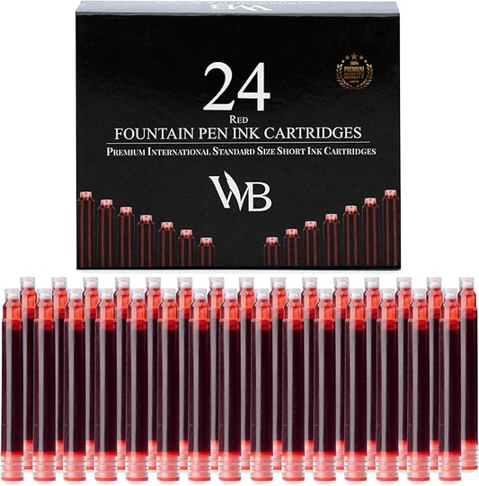 Wordsworth & Black 24 Pack Fountain Pen Ink Refills - Set of 24 Red Ink Cartridges - International Standard Size - Length APPR 2.3" - Base Diameter APPR 0.24" - Disposable and Generic