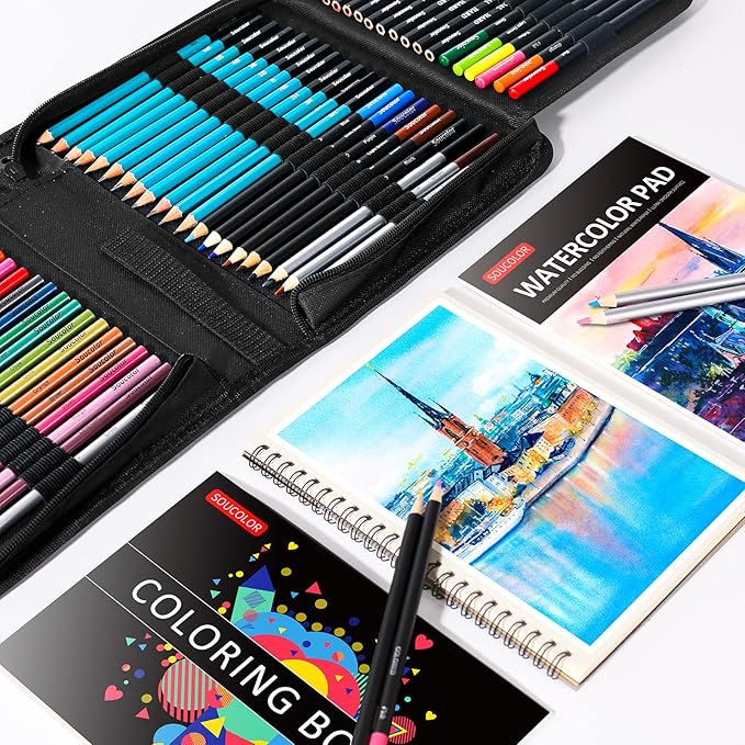 Soucolor Art Supplies, 76 Pack Drawing Set Sketching Kit, Gifts Box for Artist Adult : 3-Color SketchBook, Watercolor Pad, Coloring Book, Charcoal Colored Watercolor Metallic Pencils