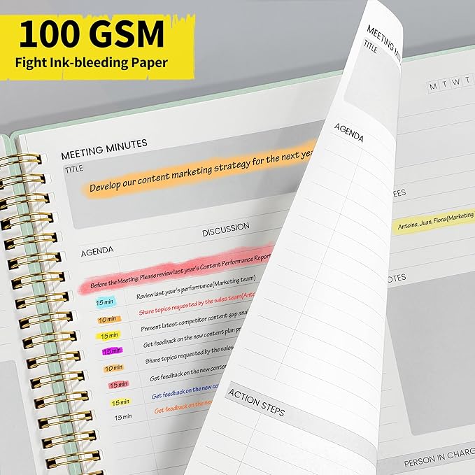 SUNEE Meeting Notebook for Work with Sticky Tabs - 160 Pages, B5 Size Project Planner, Spiral Meeting Agenda/Minutes Notebook Organizer for Women Men, Note Taking, Office & Business,7"x10", Sage Green