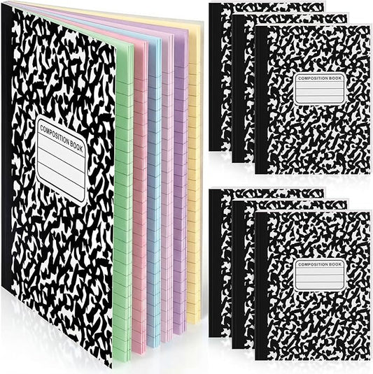 Henoyso 6 Pcs 120 Pages Colored Paper Notebooks 9.75" x 7.5" Pastel Colors Lined Paper Notebook Wide Ruled Marble Notebooks Journals Bulk for Office Supplies(Black Marble)