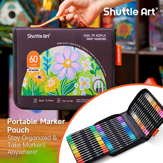 Shuttle Art 60 Colors Dual Tip Acrylic Paint Markers, Brush Tip and Fine Tip Acrylic Paint Pens for Rock, Ceramic, Wood, Canvas, Plastic, Glass, Stone, Calligraphy, Card Making, DIY Crafts