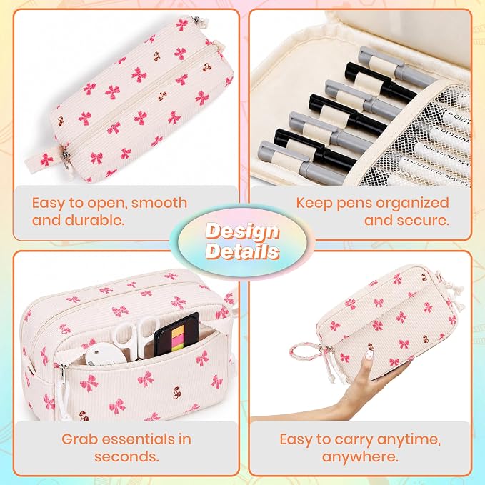 Big Capacity Pencil case,Soft Corduroy Pencil Bag with 3 Compartment,Pencil Pouch School Supplies Cute Pencil Box Pencil Bag for Teen Girls Boys College (Bow With Cherry)