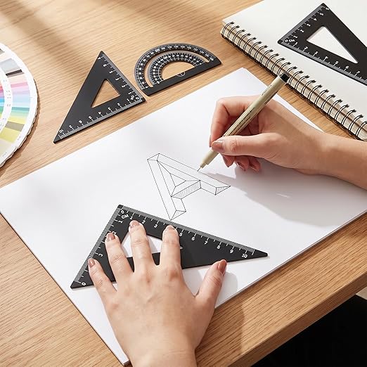 Metal Geometry Set 4 PCS Aluminum Triangular Ruler Set Geometry Math Drafting Ruler Kit Includes Protractor Triangle Rulers Straight Rulers for Math Drawing Drafting Art School Office Supplies (Black)