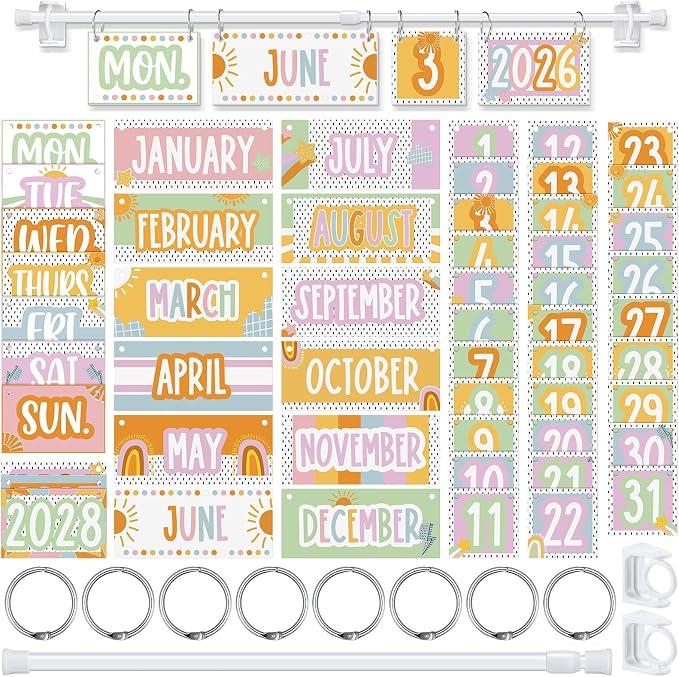 TecUnite Retro Pastel Flip Calendar Bulletin Board Decor Set Sunshine Calendar Holder Includes 54 Cards 2026-2029 Year and Adjustable Rod for Classroom Kindergarten and Elementary Teacher Supplies