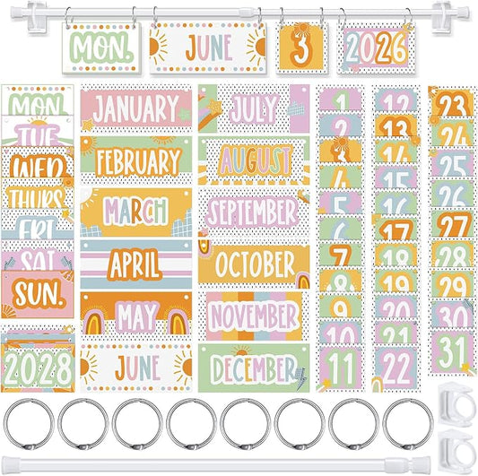 TecUnite Retro Pastel Flip Calendar Bulletin Board Decor Set Sunshine Calendar Holder Includes 54 Cards 2026-2029 Year and Adjustable Rod for Classroom Kindergarten and Elementary Teacher Supplies