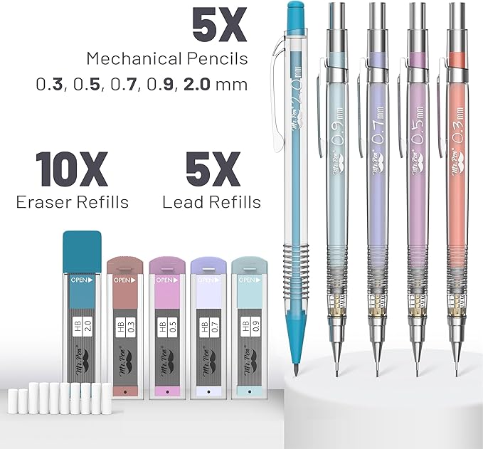 Mr. Pen- Pastel Mechanical Pencil Set, 5 Mechanical Pencils (0.3, 0.5, 0.7, 0.9, 2.0mm), 5 HB Lead Refills & 10 Eraser Refills, Precision Drawing Pencils for Sketching, Writing & Technical Artwork