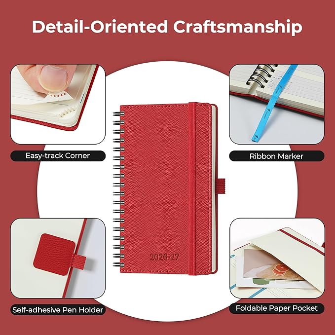 Planner 2026-2027 Daily Weekly and Monthly,6.5"x3.75",18 Months Spiral Bound Calendar Agenda with Self-adhesive Pen Holder,2026 Academic Plan with Vegan Leather Soft Cover,Red