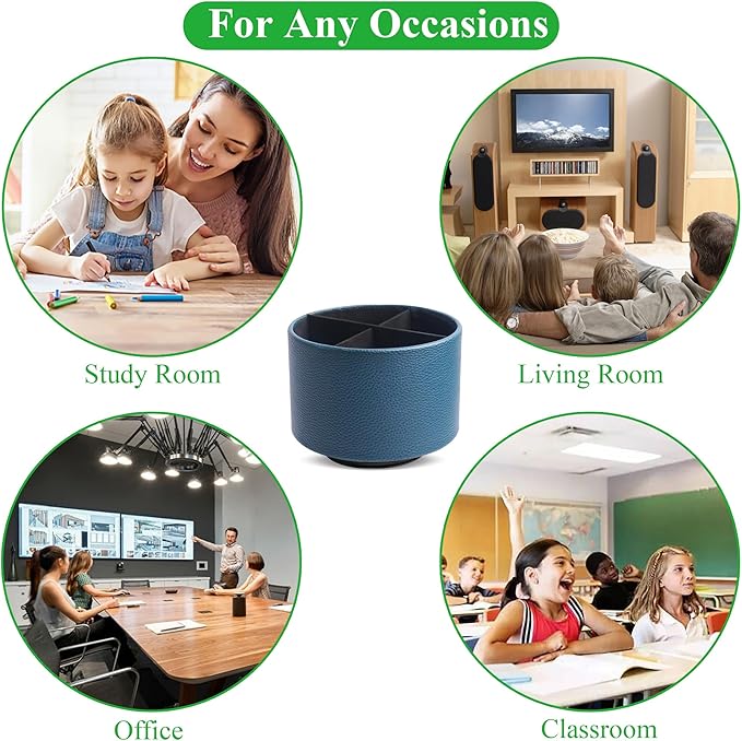 Round Leather Art Supply Organizer,Remote Control Holder,360 Degree Spinning,Multi-Functional Pencil Holder,4 Compartments Desktop Stationary Organizer(1-Lichee Green)