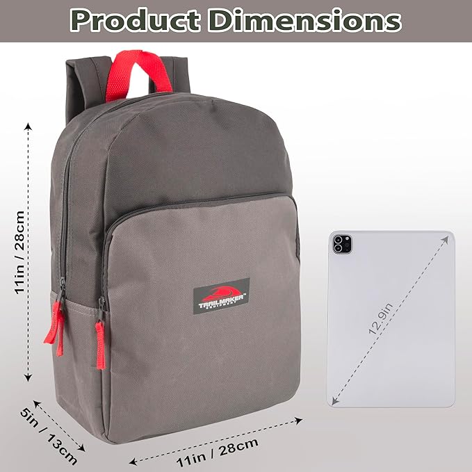 Trail maker 15 Inch Backpack for Kids, Preschool, Elementary & Middle School Students – Spacious Bookbag with Large Front Pocket, Adjustable Straps, Fits up to 13 Inch Laptop (Grey)