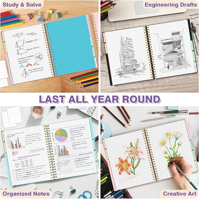 Graph Paper Notebook: 5 Subject Graphing Notebook with Removable Dividers, 300 Pages 100gsm Thick Spiral Grid Notebooks, 5x5 Graph Ruled Paper, Large A4 Journal for School Work Women Men, 8.5" X 11"