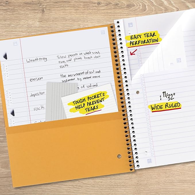 Five Star Spiral Notebook + Study App, 1 Subject, Wide Ruled Paper, 8" x 10-1/2", 100 Sheets, Fights Ink Bleed, Water Resistant Cover, Fire Red (72017)
