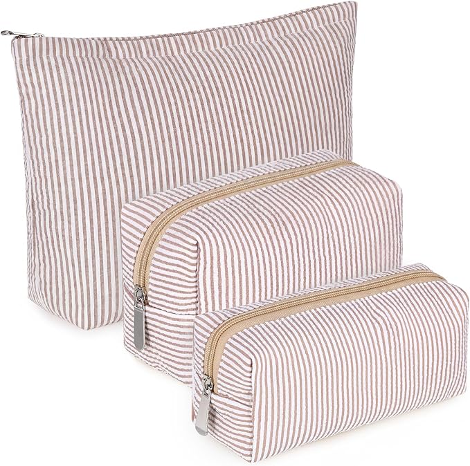 Huhumy 3 Pcs Makeup Bag Set Cute Stripe Cosmetic Pouch for Women Aesthetic Seersucker Travel Toiletry Bag Set Preppy Small Makeup Purse Pouch Cosmetic Organizer Pencil Case with Zipper(Khaki)