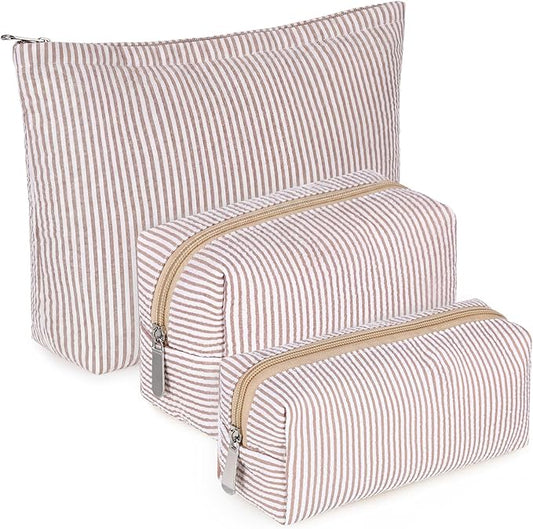 Huhumy 3 Pcs Makeup Bag Set Cute Stripe Cosmetic Pouch for Women Aesthetic Seersucker Travel Toiletry Bag Set Preppy Small Makeup Purse Pouch Cosmetic Organizer Pencil Case with Zipper(Khaki)