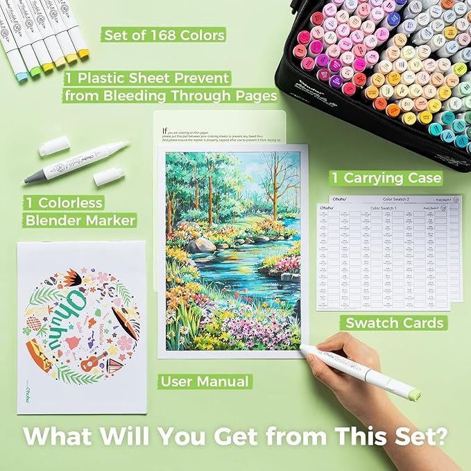 Ohuhu Alcohol Markers Brush Tip: 168-Color Double Tipped Art Marker Set for Artist Adults Coloring Illustrations -Honolulu B -Brush & Fine -Refillable