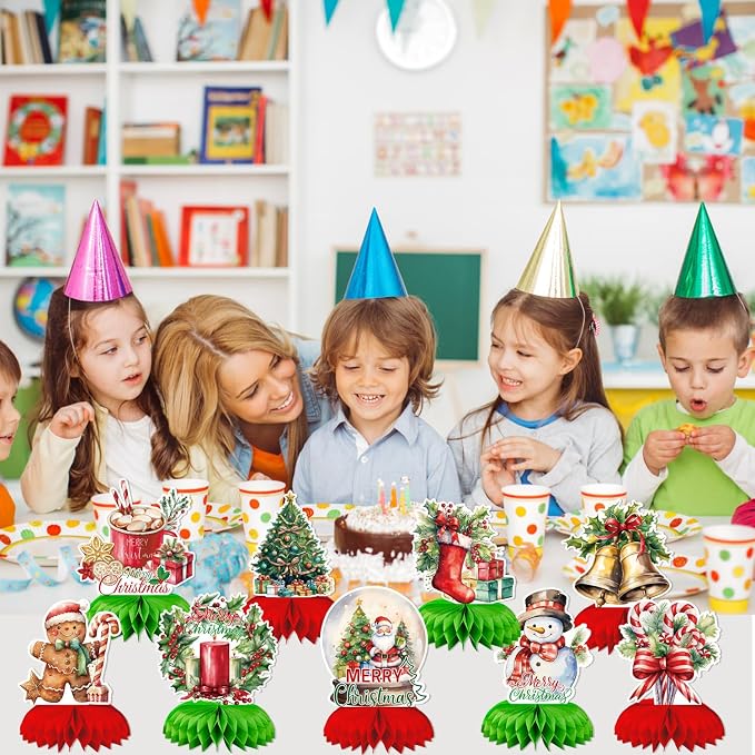 Christmas Party Centerpieces,9Pcs Christmas Honeycomb Centerpieces for Table,3D Vintage Xmas Table Decorations with Santa Claus,Christmas Tree,Snowman for Holiday Christmas Party Supplies
