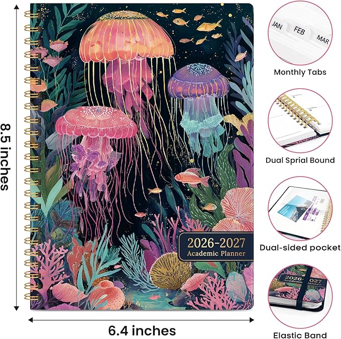 Academic Planner 2026-2027, Weekly and Monthly Calendar Book, July 2026 – June 2027, Hardcover Planner with Tabs, Perfect for Teachers, Students, Women & Men, A5 (6.4" x 8.5") - Jellyfish