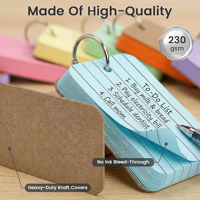 Koogel Colored Index Cards, 300 Count, 2.2 x 3.5 Inchs Flash Card Lined Ruled on Both Side, 6 Assorted Colors, Heavyweight Notecards for School Studying Learning College Office Home Taking Notes