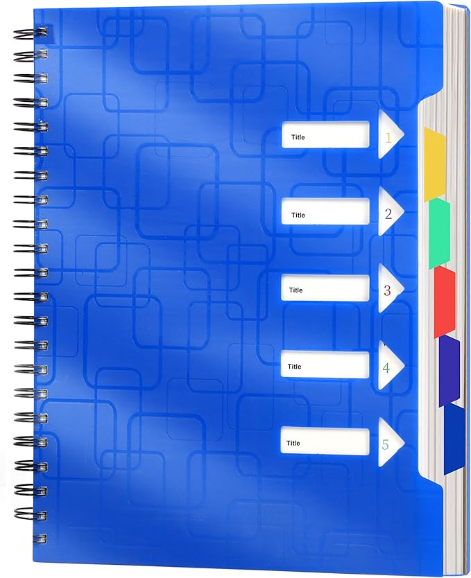 CAGIE 5 Subject Notebook With Tabs 8.5x11, College Ruled, 240 Pages Large Spiral Notebook with Dividers, A4 Notebooks for Work Organization Note Taking School, Black