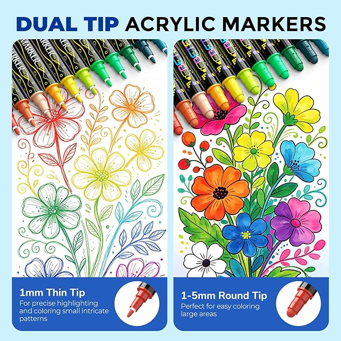 Betem 36 Colors Dual Tip Acrylic Paint Markers, Fabric Decorating Kits Premium Water-Based Acrylic Paint Pens Art Supplies for Fabric, Rock, Wood, Glass, Canvas, Ceramic, Teacher Appreciation Gift