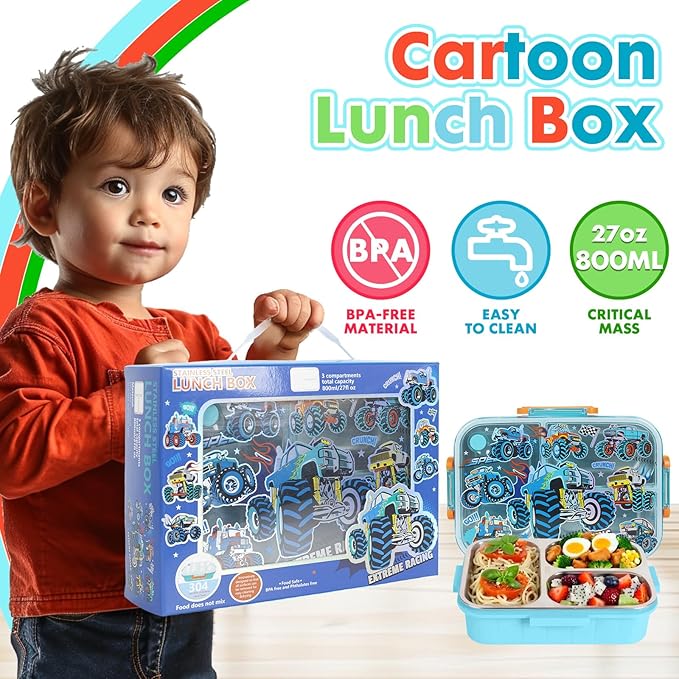 Stainless Steel Bento Lunch Box for Kids, 800ml/27oz BPA-Free Leak-Proof Food Containers with 3 Compartments, Dishwasher Safe, Back to School Students Lunches Size for Ages 3-7
